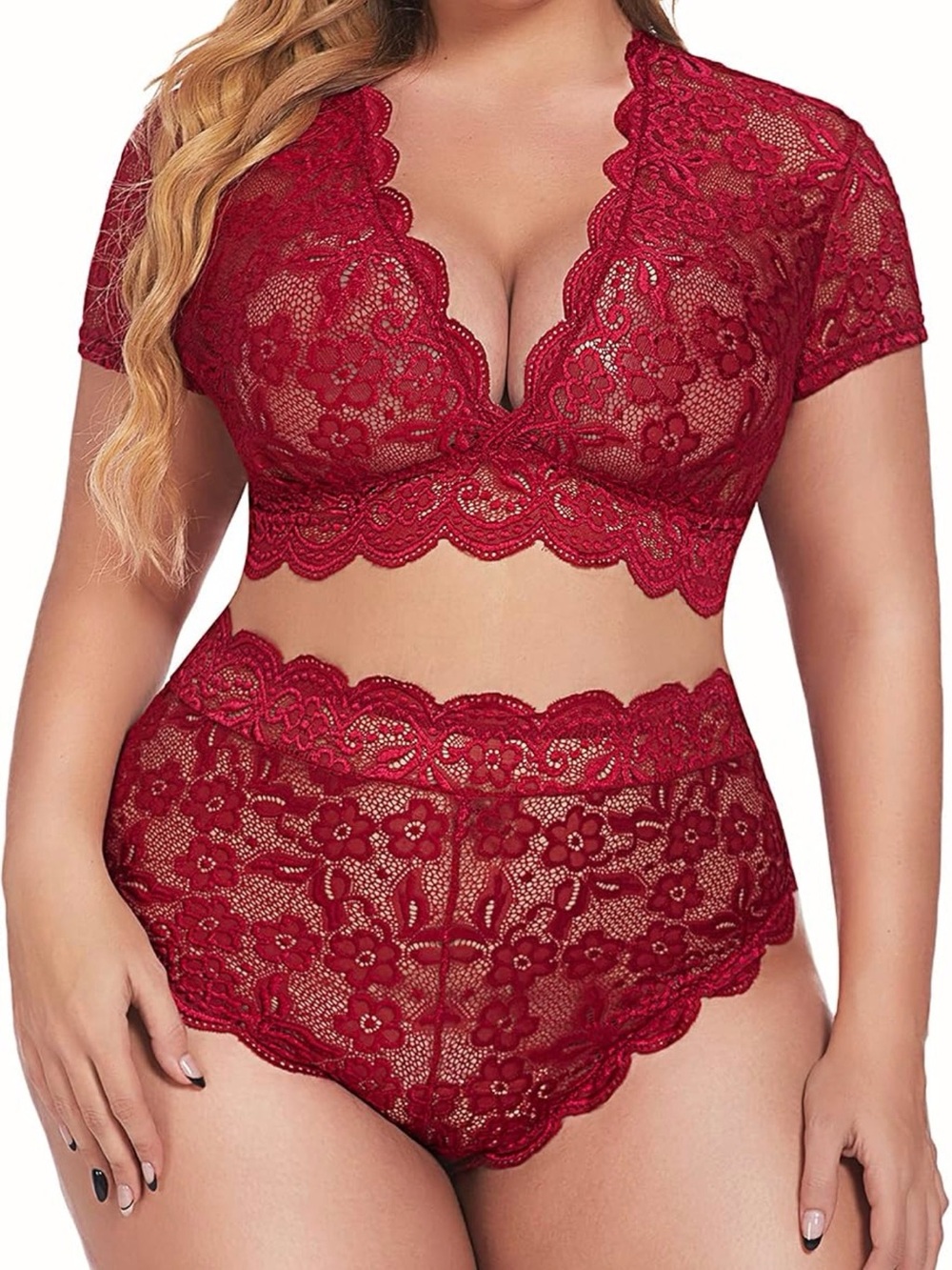 Plus Size Lace Bralette & High-Waist Panty Set - Red